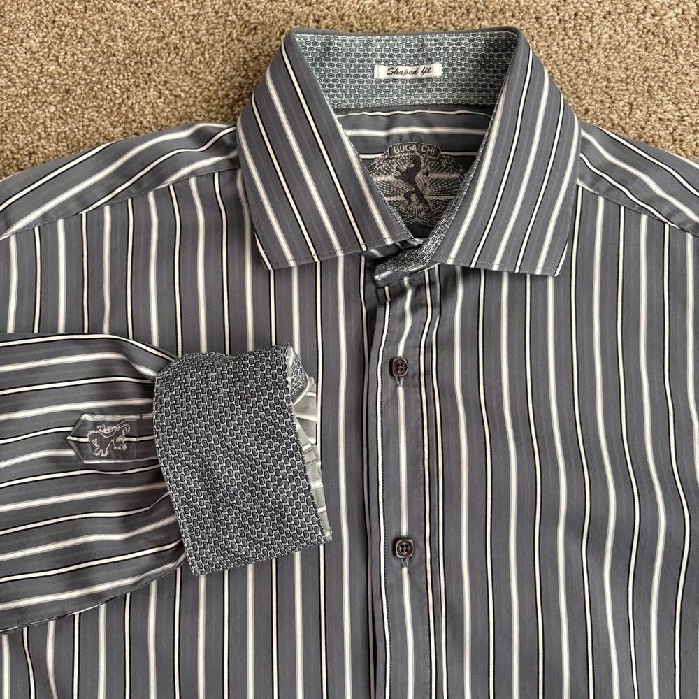 Bugatchi‎ Mens Button Down Shirt Shaped Fit Large Grey White Striped Long Sleeve